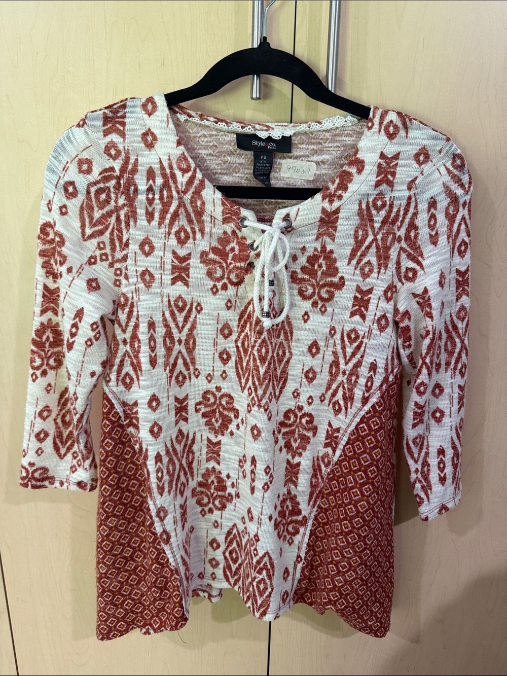 Boho Style & Co. Ivory and Rust Lace-Up Mixed Print Tunic